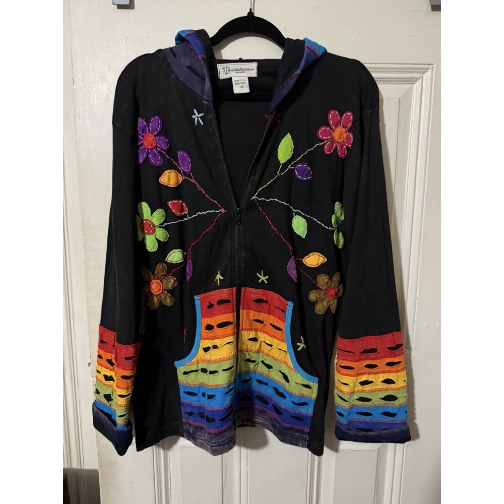 The Little Bazaar XL Black Rainbow Floral Applique Hooded Jacket Boho Nepal